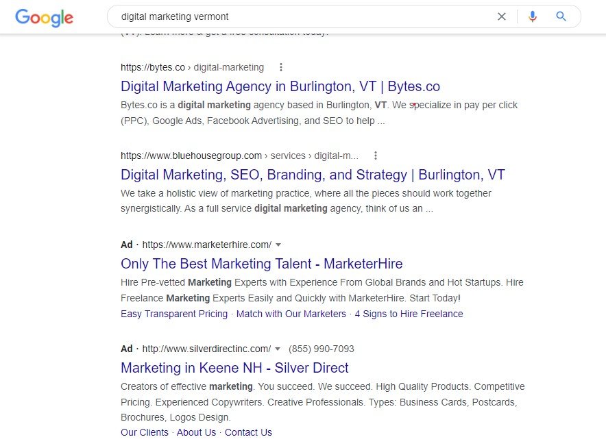 Screenshot of Google Search results for "digital marketing vermont"